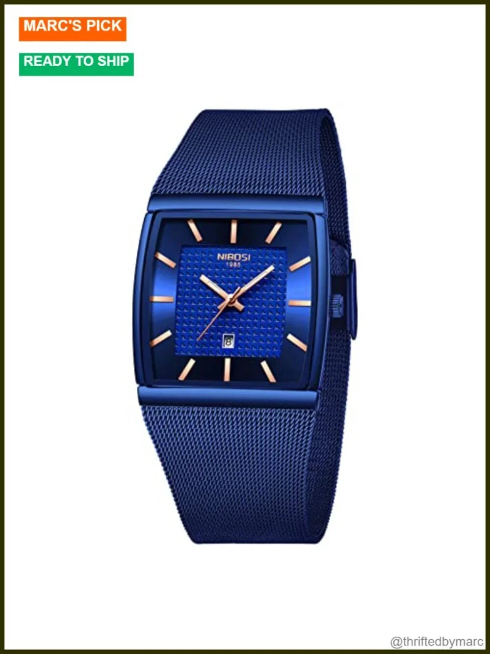 Men's Square Analog Quartz Stainless Steel Watch with Date Mesh Strap Water